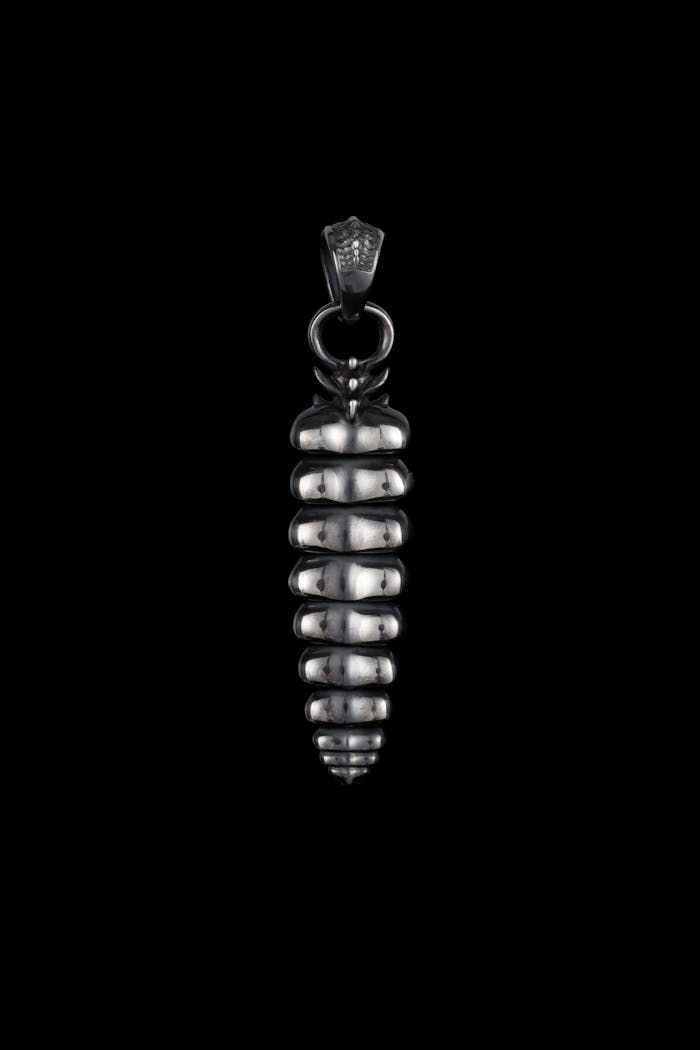 home-hero-2 Close-up of a handmade silver dragon tail pendant on a black background.